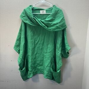 Verandah by Vina Kelly Green Cowl Neck Tunic Top One Size 100% Linen Lagenlook